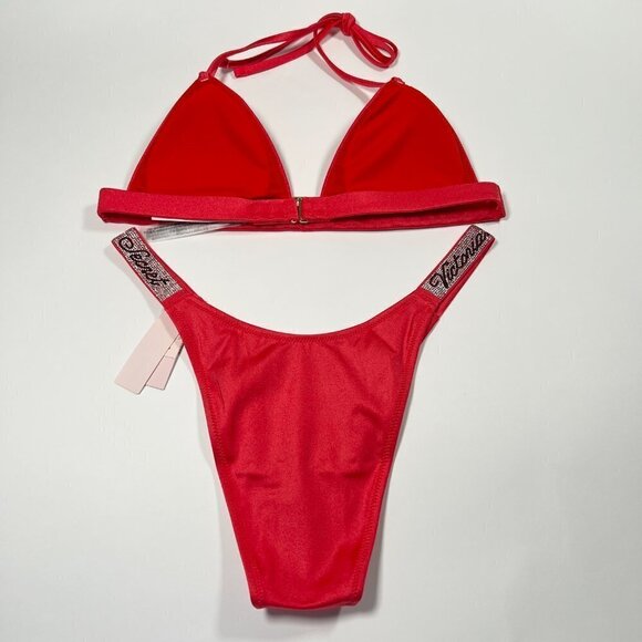 Victoria Secret Small S Shine Strap Triangle Bikini Top Bottom Set LOGO Pink - Picture 4 of 14